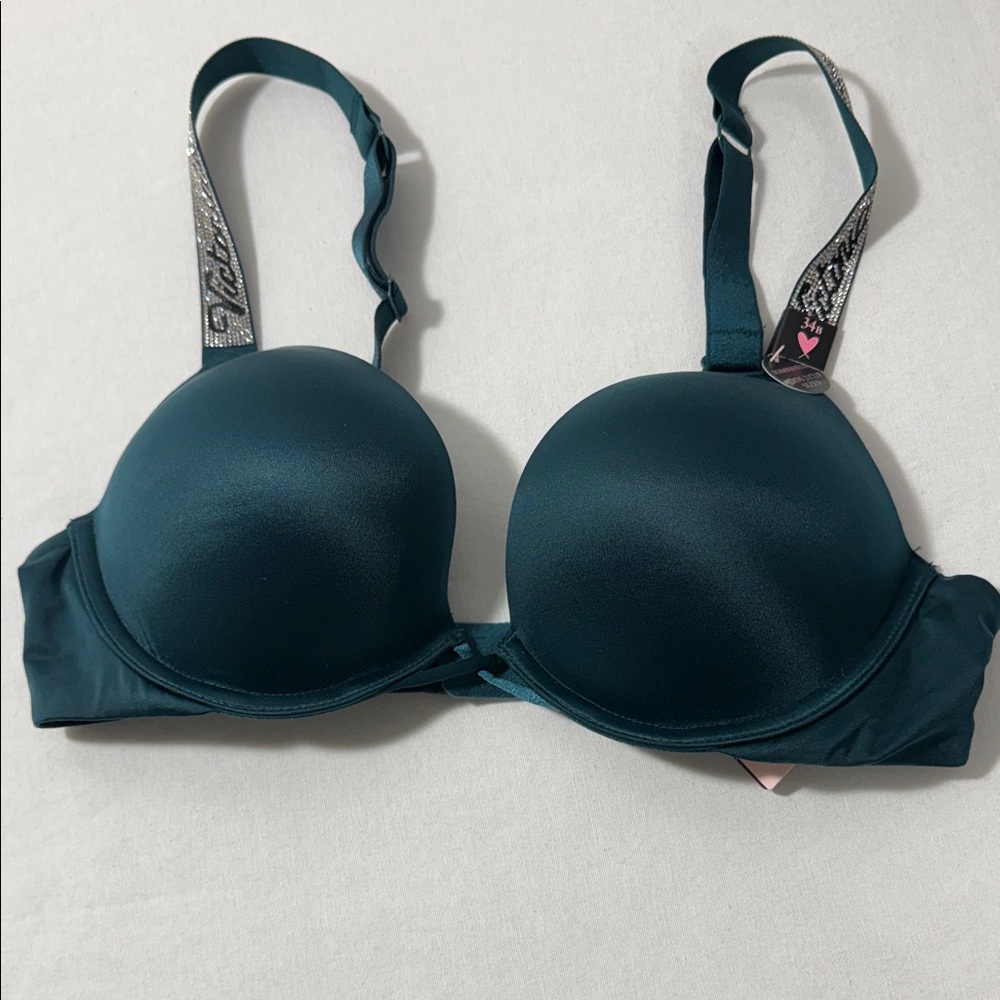 Victoria’s Secret Elegant Teal Women's Bra Jeweled Straps  34B Push-Up
